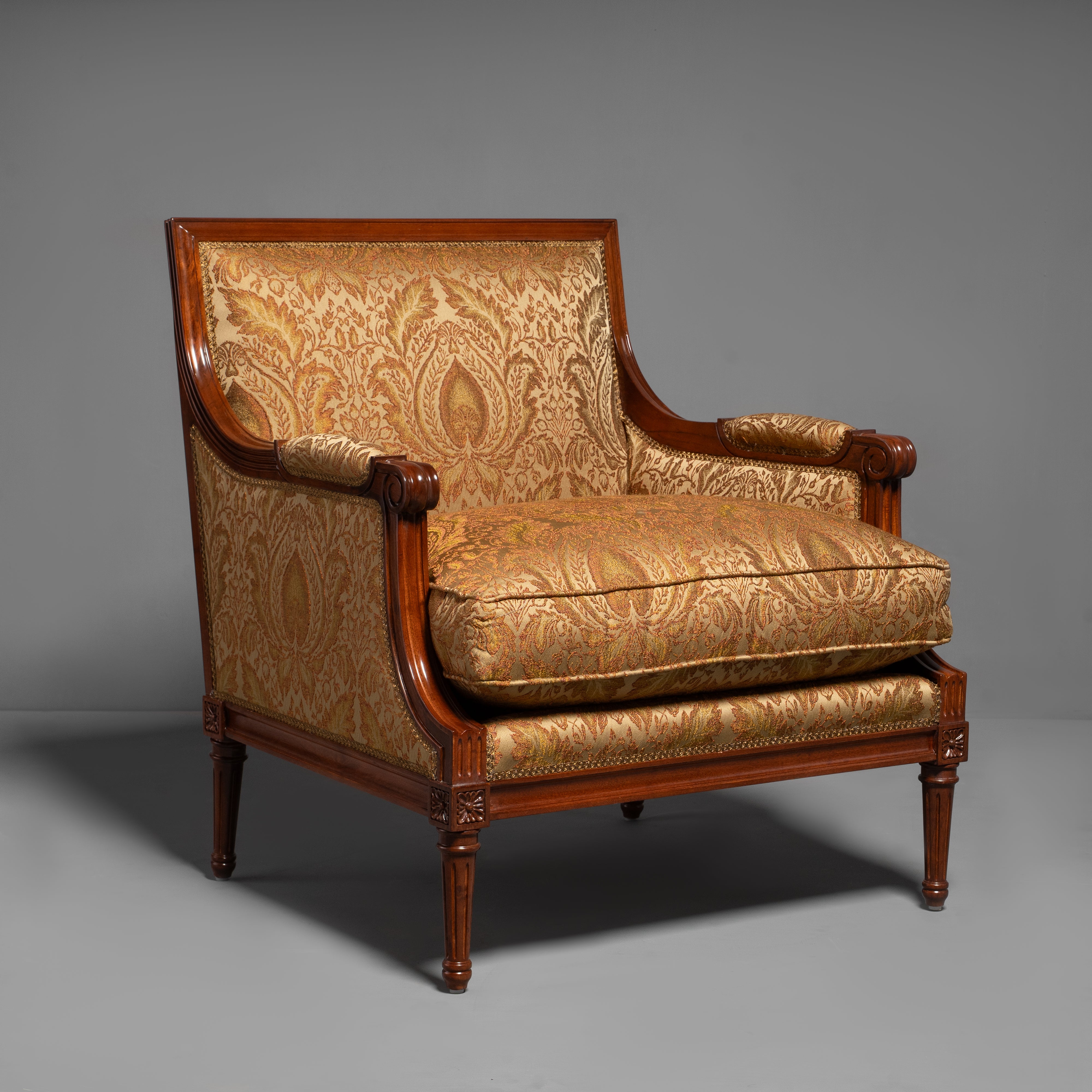 Hand-Carved Neoclassical Louis XVI Style Armchair with Brass Motifs