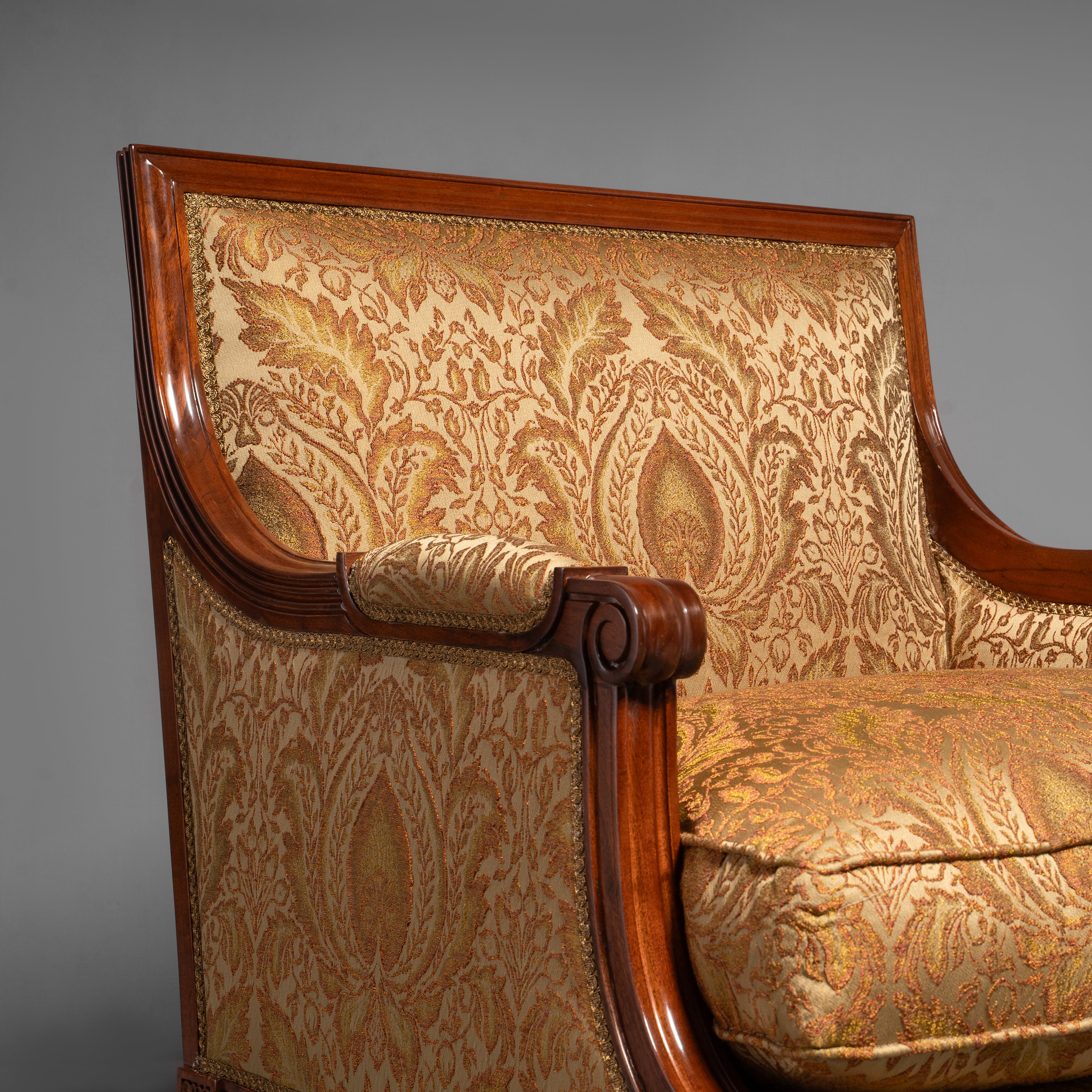 Hand-Carved Neoclassical Louis XVI Style Armchair with Brass Motifs