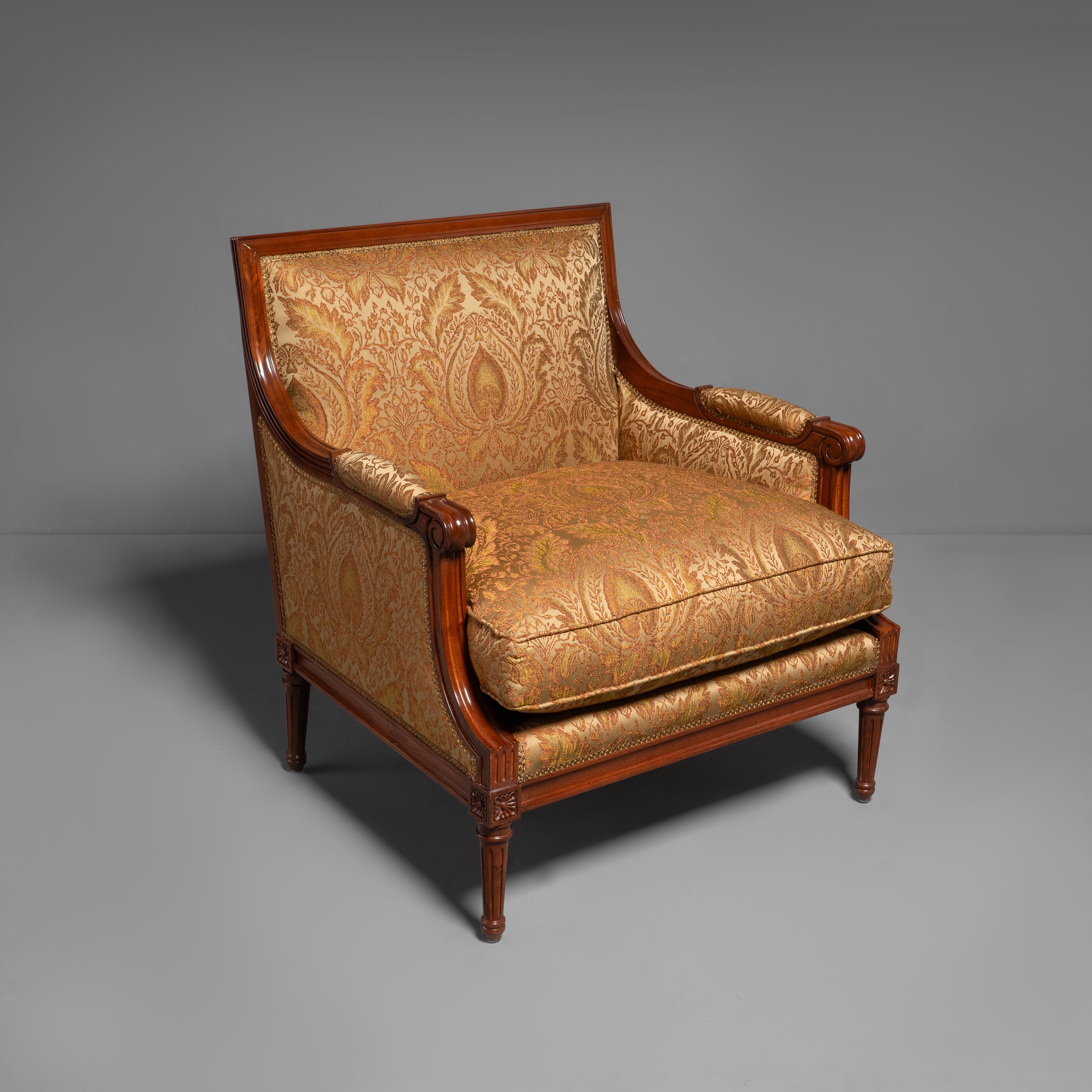 Hand-Carved Neoclassical Louis XVI Style Armchair with Brass Motifs