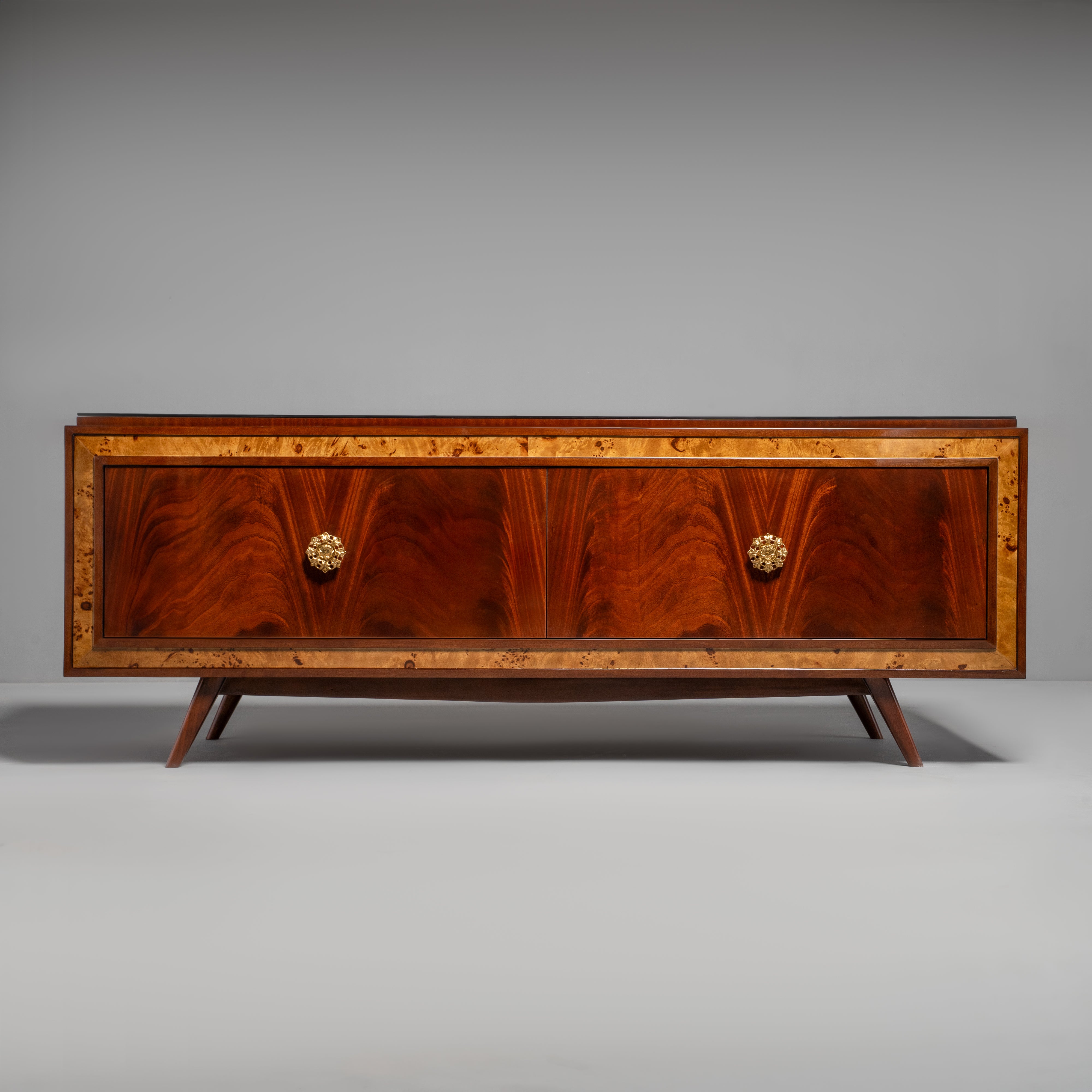 Mid-Century Modern TV Credenza with Burl Walnut Inlay