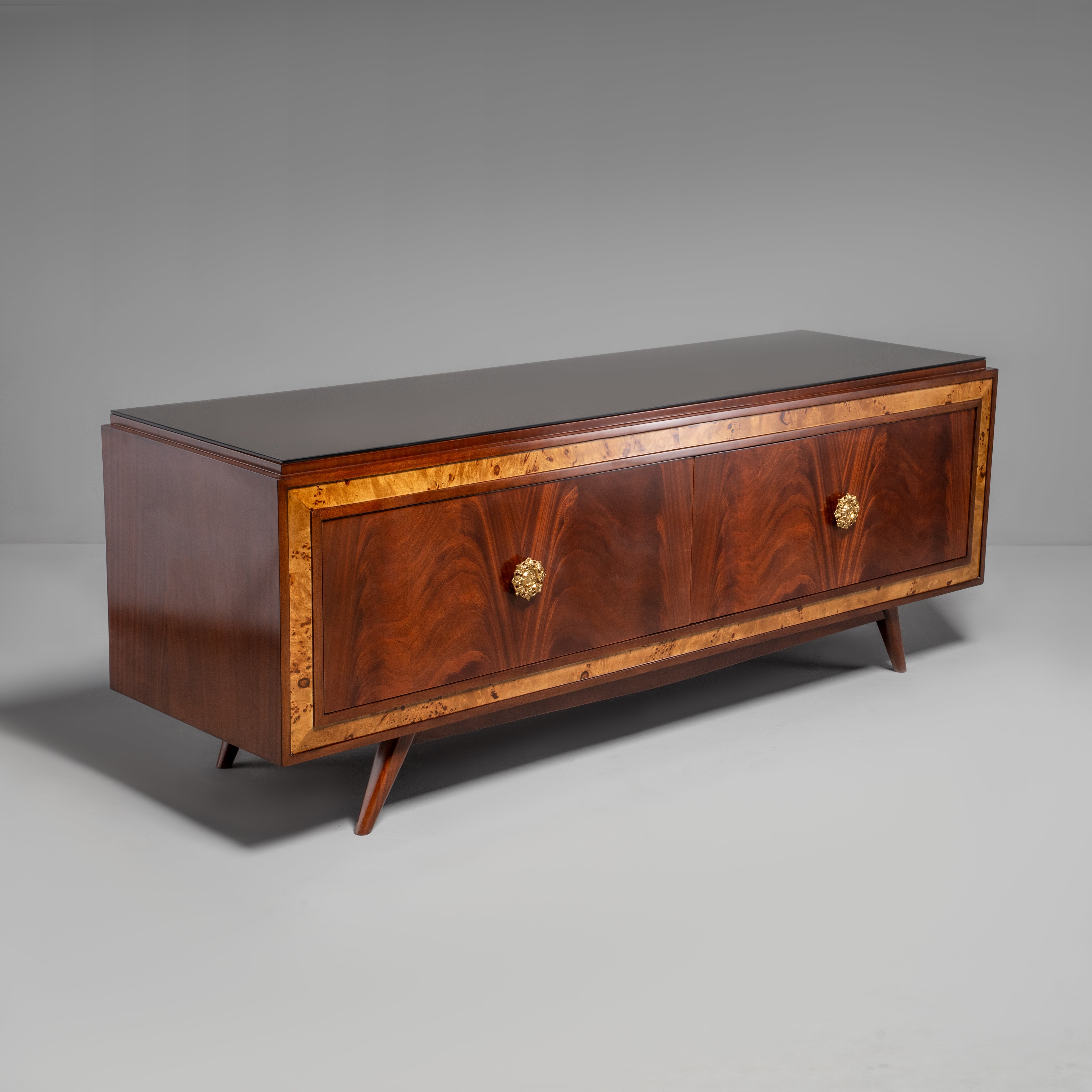 Mid-Century Modern TV Credenza with Burl Walnut Inlay