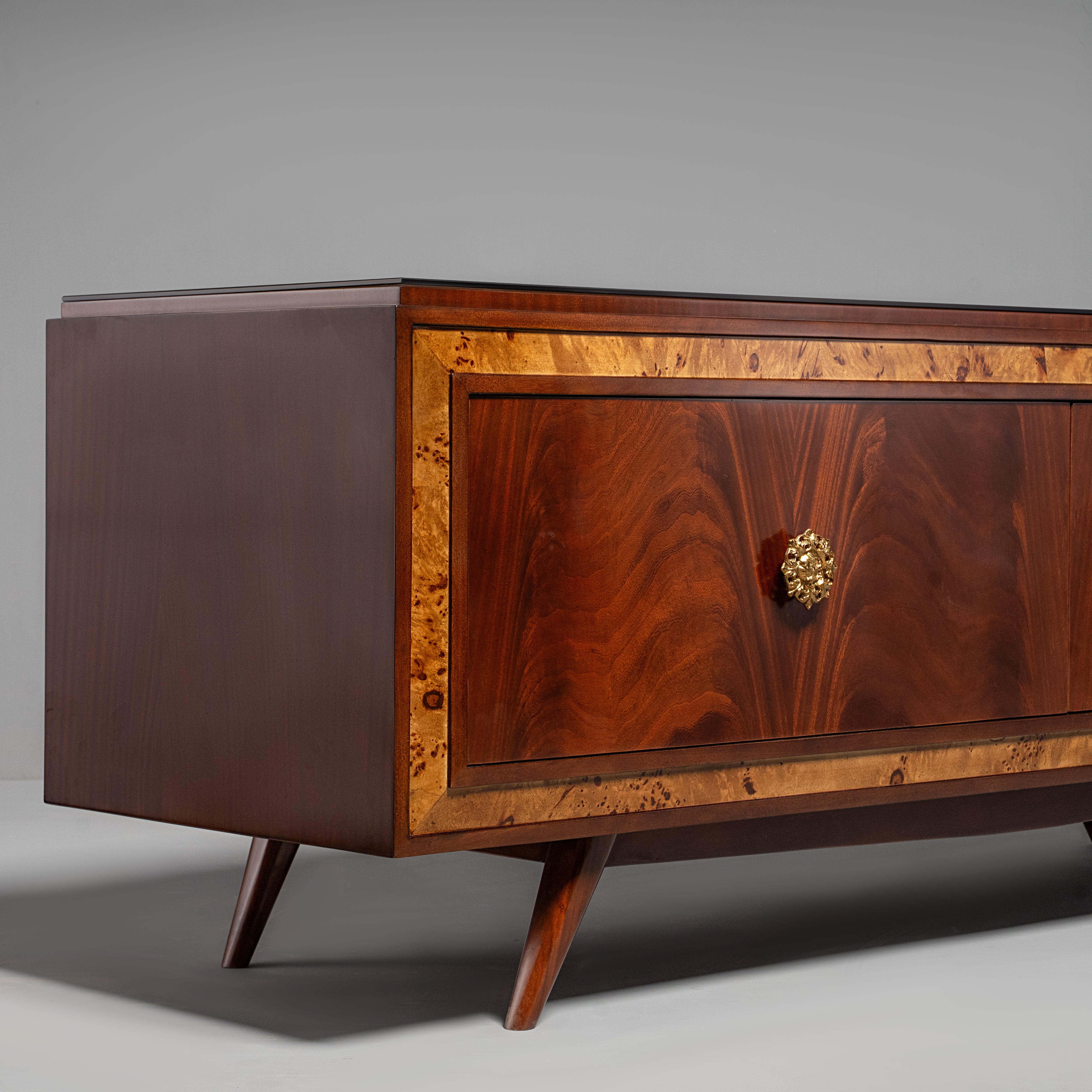 Mid-Century Modern TV Credenza with Burl Walnut Inlay
