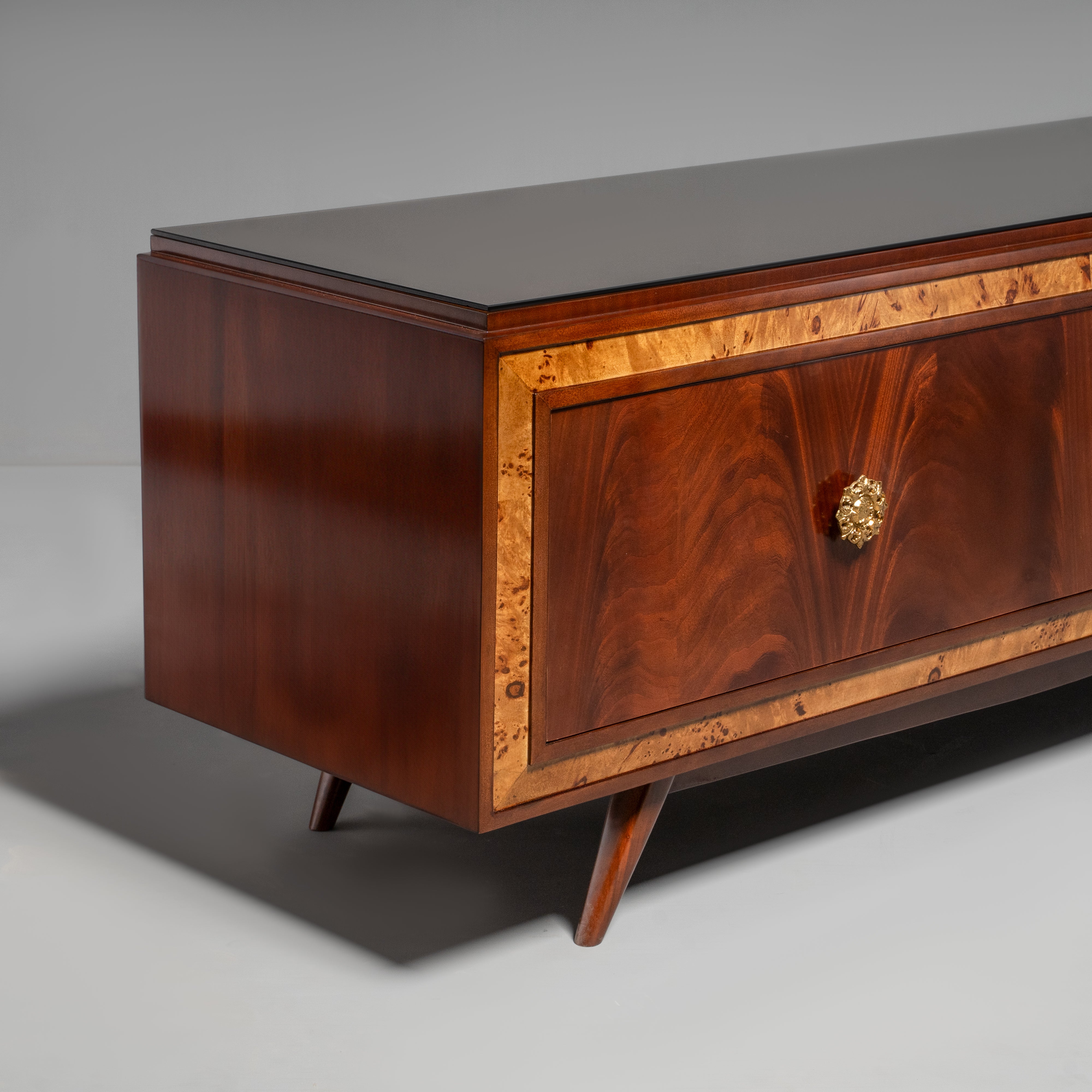 Mid-Century Modern TV Credenza with Burl Walnut Inlay