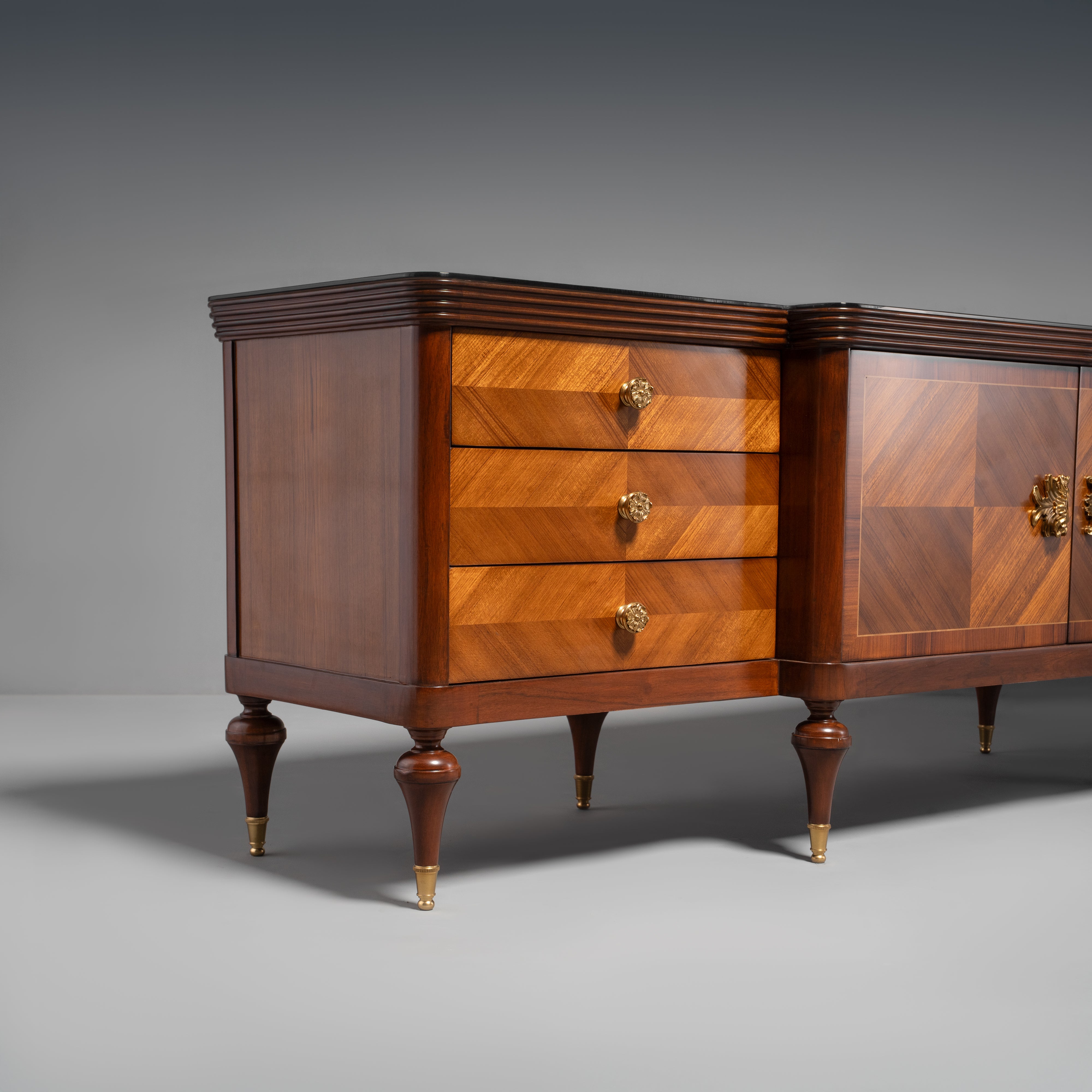 Hand-Carved Neoclassical Louis XVI Style Credenza with Diamond Parquetry