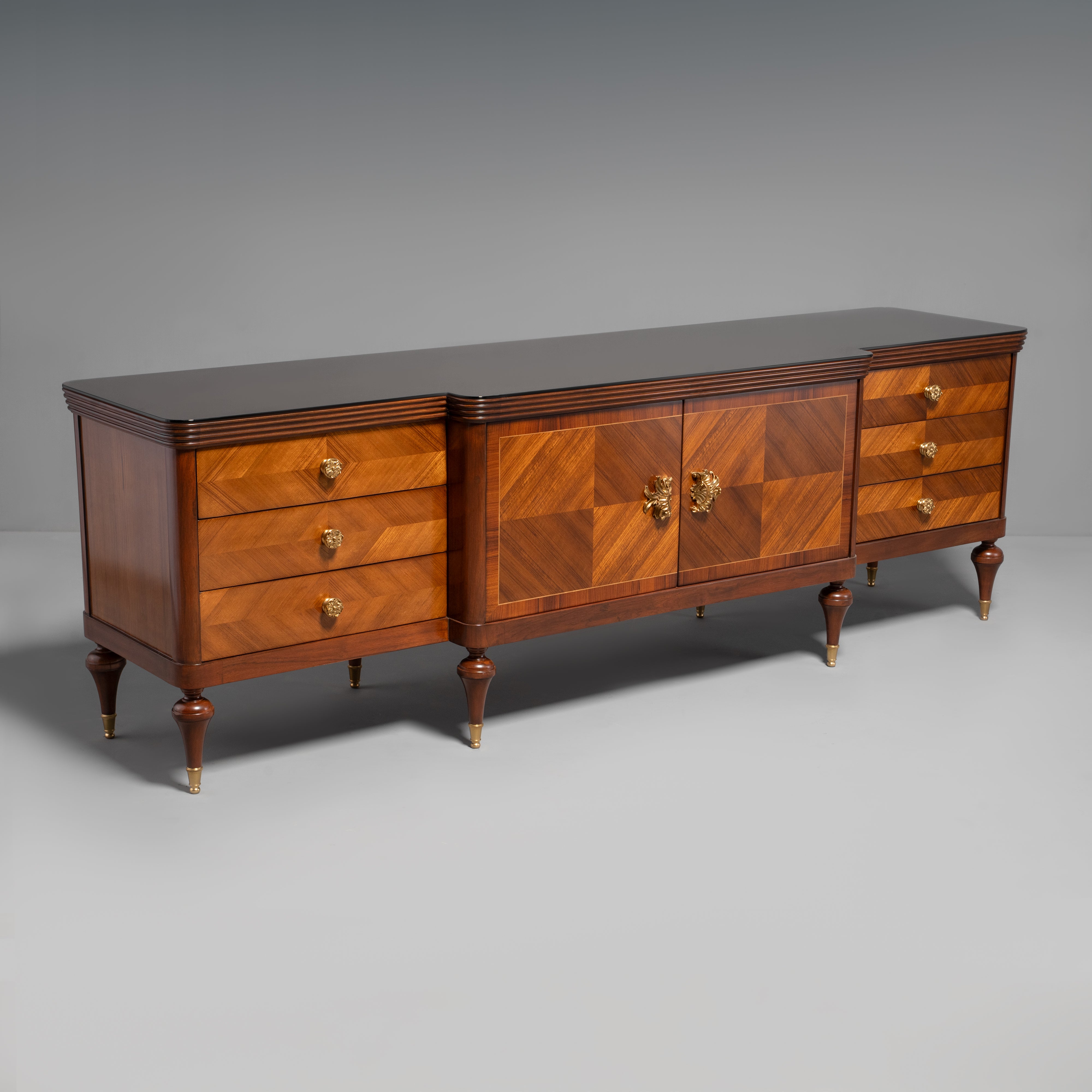 Hand-Carved Neoclassical Louis XVI Style Credenza with Diamond Parquetry
