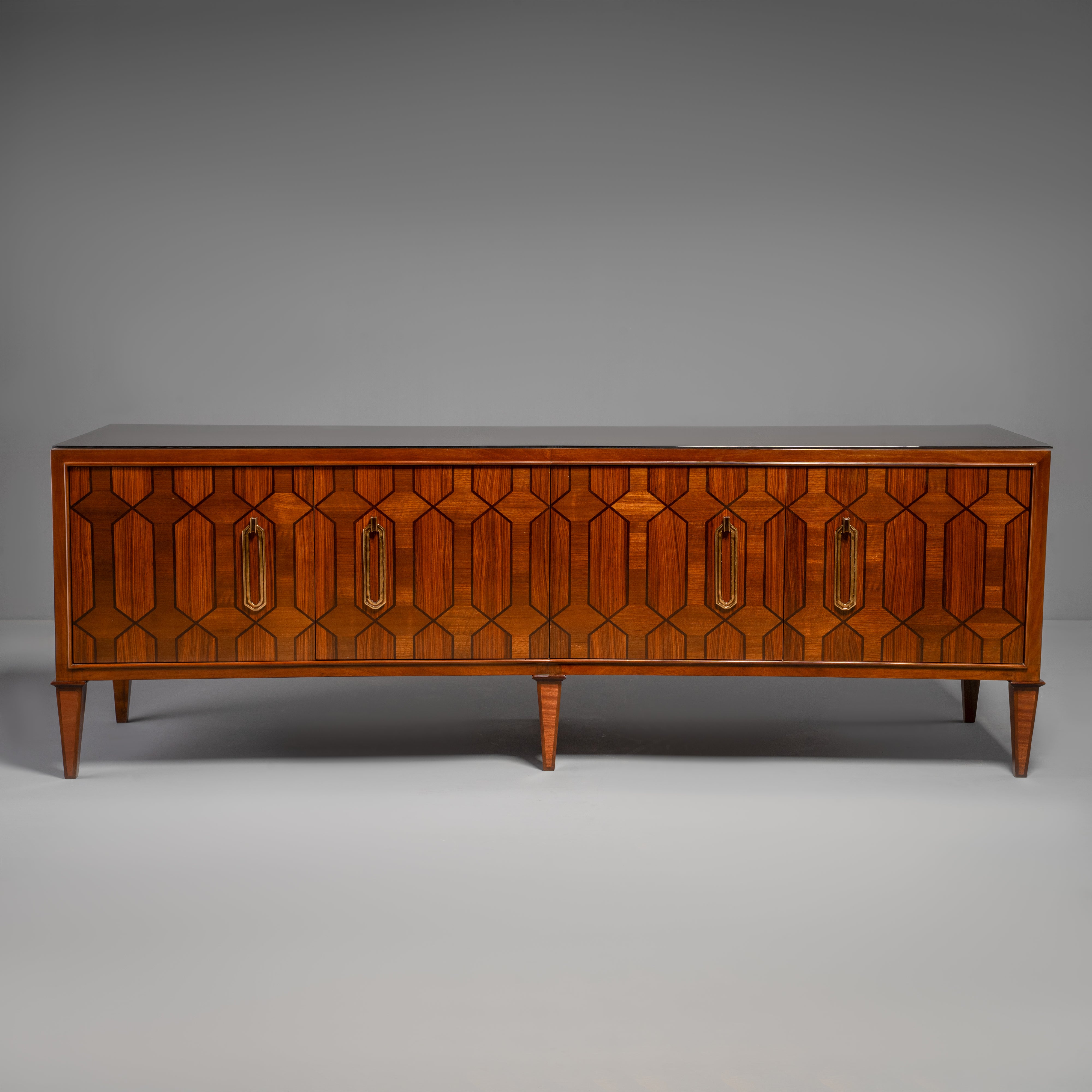 Hand-Carved Neoclassical Louis XVI Style TV Credenza with Geometric Inlay