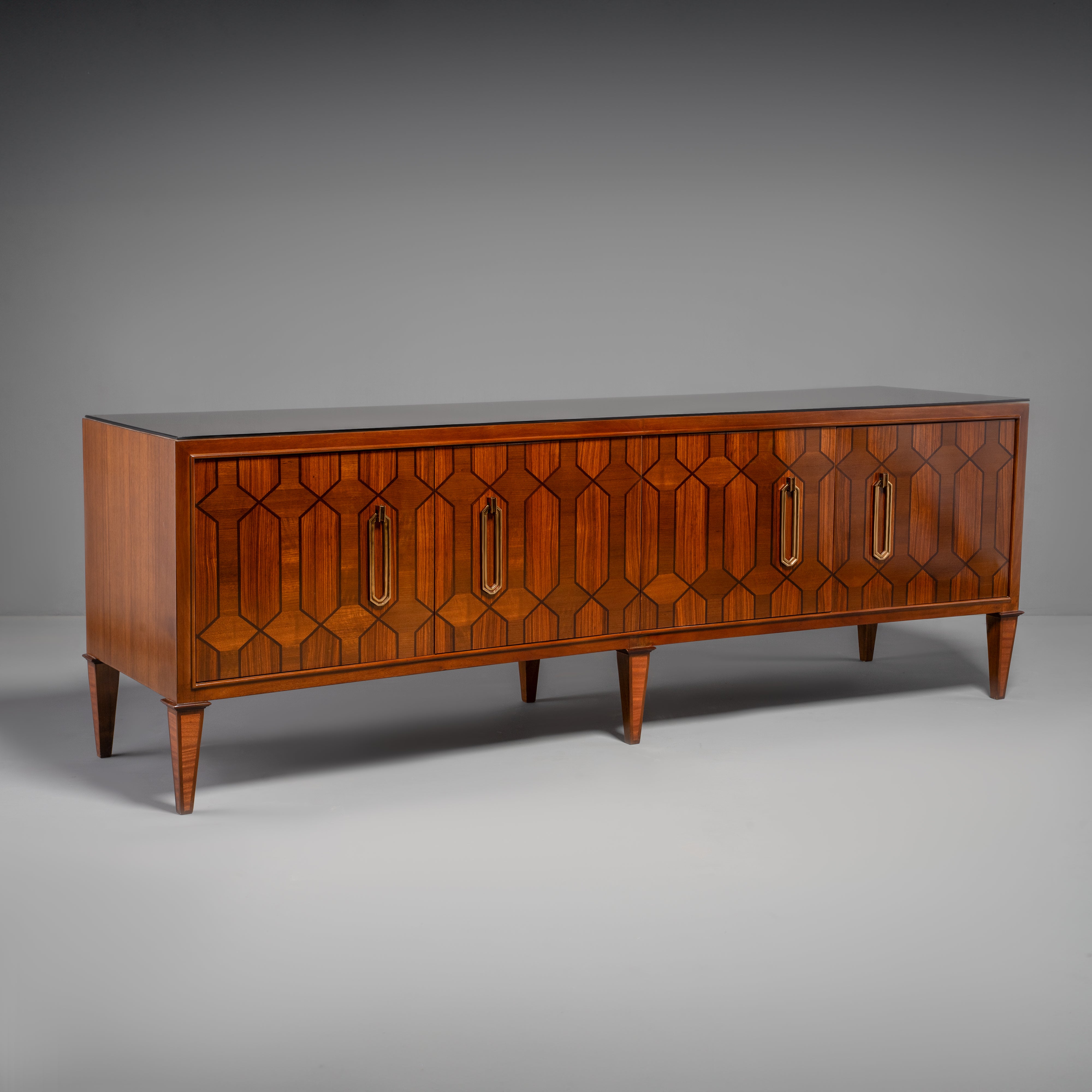 Hand-Carved Neoclassical Louis XVI Style TV Credenza with Geometric Inlay