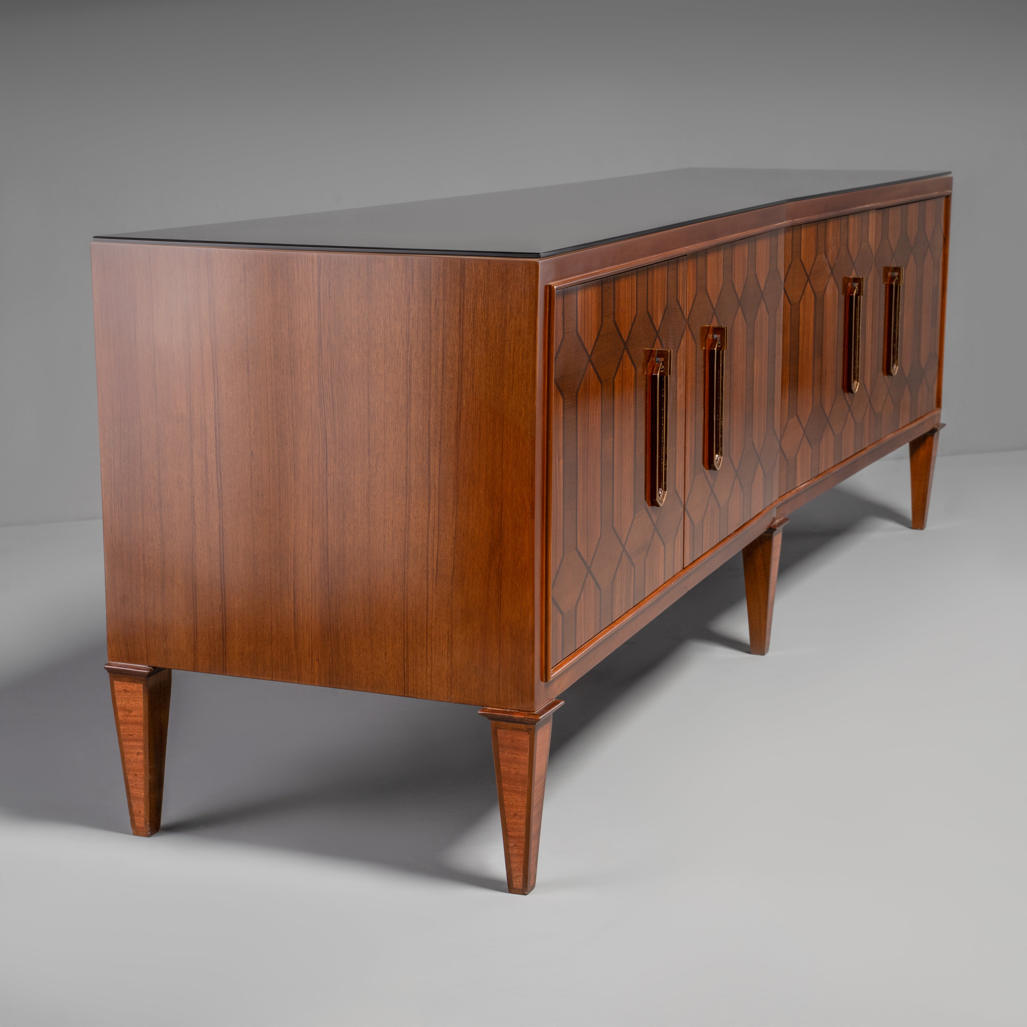 Hand-Carved Neoclassical Louis XVI Style TV Credenza with Geometric Inlay