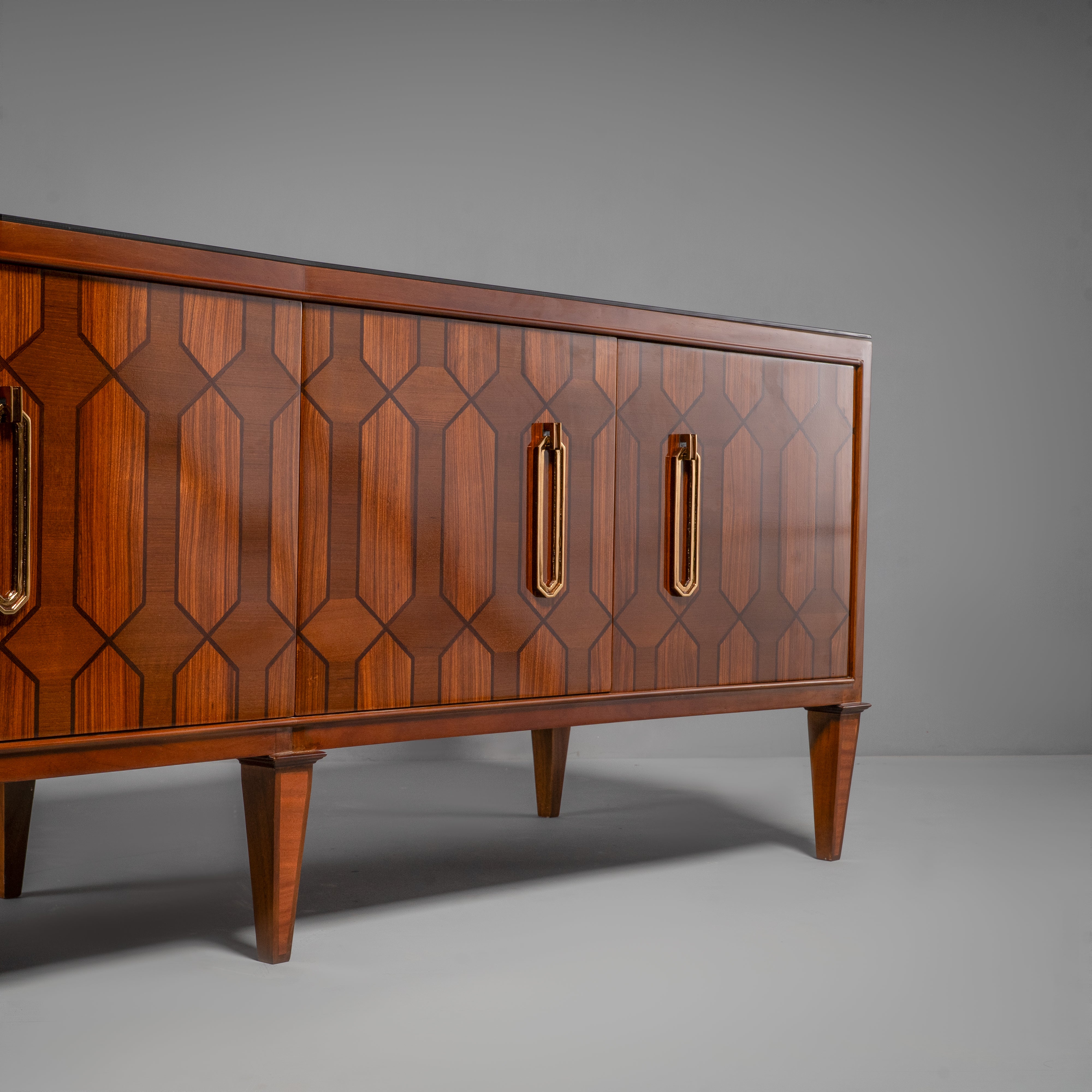 Hand-Carved Neoclassical Louis XVI Style TV Credenza with Geometric Inlay